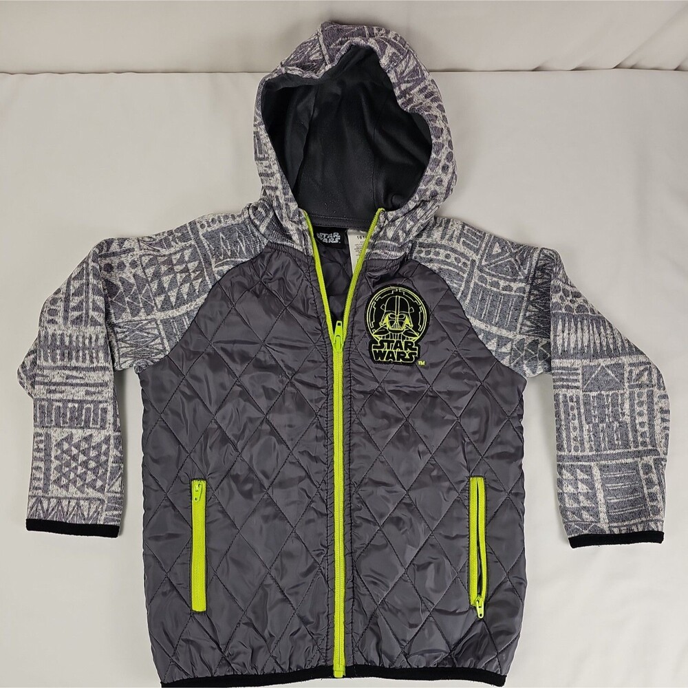 Star Wars Boys Size 5 Darth Vader Quilted Hooded Jacket Gray Neon Green